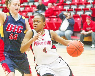 Jaquetta WEstley of YSU drives around Kristen Petrinec of UIC .