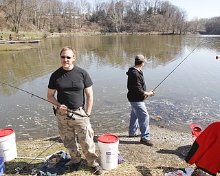 Ohio Division of Wildlife releases 2500 Rainbow trout into Lake Glacier Thursday, April 9, 2009. Spectators and fisherman gather.