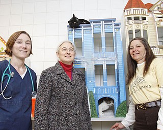The Vindicator/Lisa-Ann Ishihara
ANIMAL ATTRACTION: All smiles as they prepare for a big fundraiser, the Angels for Animals Garage Sale, are, left to right, Meegan Ambrose, DVM, Marlene Braunlich, general manager, and Diane Less, founder and board member. They are standing in Cat Room No. 1 with some of their friends at the shelter, Route 165 in Canfield.