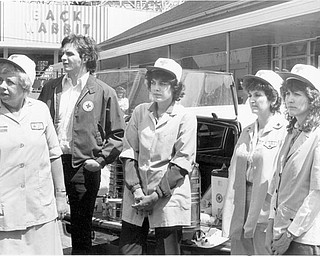 Red Cross personnel were on hand to serve refreshments to the firefighters and the workers. L-R Etherl Strange; Bob Lewis; Gladys Montanez; Rose DeMuccio; Bev Suhar. Apr. 26, 1984 