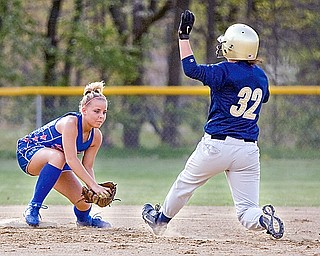 Western Reserve's Taylor Young prepares for imapact and holds on to the ball forcing Lowellville's Brooke Pallozzi out at second base during the top of the third inning on Tuesday afternoon.