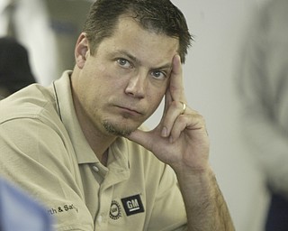 David Green, president of UAW 1714, listens to comments by US Sen Sherrod Brown during a meeting at UAW 1112 HAll in Lordstown on Monday.