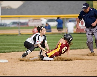 5.14.2009
Canfield's Gina Mancini (24) during holds onto the ball to tag Mooney's Margo Ucchino (6) out at second base during the bottom of the second inning at Boardman's Field of Dreams on Thursday evening.
Geoffrey Hauschild