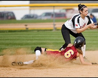 5.14.2009
Canfield's Gina Mancini (24) during holds onto the ball to tag Mooney's Margo Ucchino (6) out at second base during the bottom of the second inning at Boardman's Field of Dreams on Thursday evening.
Geoffrey Hauschild