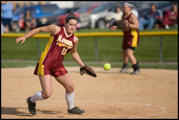 5.14.2009
Cardinal Mooney's Cadi Sheffler (11) goes after a bobbled ball during the top of the sixth inning at Boardman's Field of Dreams on Thursday evening.
Geoffrey Hauschild