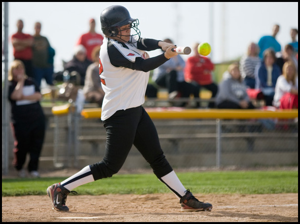 5.14.2009
Canfield's Melanie West (32) makes contact during the top of the seventh inning at Boardman's Field of Dreams on Thursday evening.
Geoffrey Hauschild