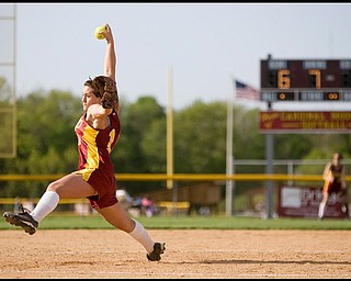 5.14.2009
Cardinal Mooney's Cadi Sheffler (11) throws a pitch during the final seventh inning at Boardman's Field of Dreams on Thursday evening.
Geoffrey Hauschild