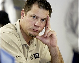 David Green, president of UAW 1714 listens to comments by US Senator Sherrod Brown during a Monday meeting at UAW 1112 Hall in Lordstown.