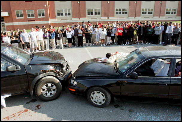 5.12.2009
New Castle HS senior students  portrayed accident victims during a mock prom night accident at the school Tuesday morning. The mock accident was to demonstrate the dangers of drinking and driving .
