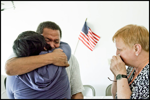 5.16.2009
William Gillett, a Belgian "war baby" embraces his half-sister Shirley Torres for the first time while his wife Christine wipes her face. Gillett, a native of Belgian was born during WWII to a Youngstown soldier, Gilbert Stephens. Stephens had wanted to bring Gillett and his mother back to the U.S. but Gillet's maternal grandmother would not allow it. Gillet discovered the identity of his father 7 years ago but was never able to meet him as he passed away in 1990.