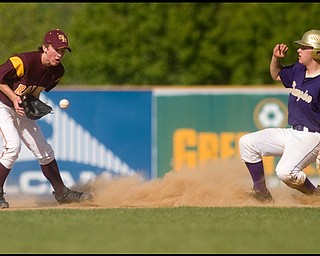 5.19.2009
South Range's Jack McDonald waits for the throw but not before second base is covered in a cloud of dust by the slide of Champion's Billy Yartz in the bottom of the third inning at Cene Park on Tuesday evening. Yartz arrived safely at the base and Champion went on to defeat South Range 13-3.