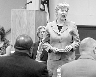 FIRST LADY SPEAKS: Frances Strickland, Ohio’s First lady and chairwoman of Ohio Family and Children First Council, addresses a “Dialogue on Education and Collaboration” session Tuesday at the Oakhill Renaissance Center in Youngstown. About two dozen educators from Mahoning, Trumbull and Ashtabula counties participated.