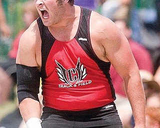 Canfield's Dustin Brode reacts to a throw of the shot put on Saturday afternoon.