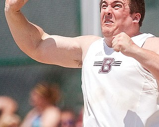 Boardman's Corey Linsley competes in the shot put event at Jesse Owens Memorial Stadium on Saturday afternoon.