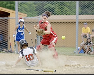 6.16.2009
Canfield's (10) Kellie Kollat slides safely into home as Niles' Melyssa Spowart (25) misses the the throw from teamates during the bottom of the fifth inning at Candlelite Knolls in Bazetta Ohio on Tuesday afternoon.
Photo by: Geoffrey Hauschild