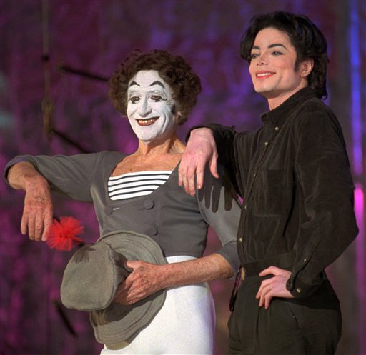 FILE - In this Dec. 4, 1995 file photo, pop star Michael Jackson, right, poses with French pantomime artist Marcel Marceau in New York during a rehearsal for Jackson's HBO television special "Michael Jackson: One Night Only." Jackson, 50, died in Los Angeles on Thursday, June 25, 2009. (AP Photo/Kathy Willens, file)