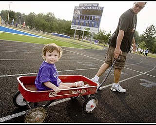 7.10.2009
Gianna Bindas, 1, wears the purple shirt signifying a cancer survivor, while being pulled in a wagon by her father, Thomas Bindas, both of Poland, during the initial survivors lap of the Relay For Life at Poland's High School Stadium on Friday evening. Diagnosed at 9 months with a Wilms Tumor, Gianna has since had surgery, 21 weeks of chemotherapy, and despite loosing a kidney, her parents say she is "doing real good."
Geoffrey Hauschild