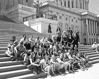 Special to The Vindicator
TOURISTS: Youngstown Christian School eighth-grade Eagles rested on the steps of a government building during a Christian Discoveries Tour of Washington May 20-24. The students are, first row (l to r): Allie Klump, Ryan Coyier, Ashley Davis, Anna Brown, Casha Moyer, Frankie Cox, Dameianna Armour and Jasmine Washington; second row; Natalie Hoelzel, Katina LaGamba, Cami Chickonoski, Natalie Pecchia, Christina Fortini, Kiley McIntyre, Kendra Allen, Amanda Hatfield, and Shannell Harris; third row: Bobby Houston, Jairus Pettis, Ryan Bush, Tremaine Thompson, Savannah Bodnar, Jonathan Stapels, Chase Miles, Terrance A. Tarver, Brittany Ward, Ryan Reyes, DeMario Hoyt, Chelsea Posterli and Ralynn Venable; fourth row; Katherine Harris, Anai’ Bennett, Emmett Underwood IV, Jordan Wilkins, Brian Perry, Zach Bell, and tour co-leader, Linda Demeny. Standing are Taylor Lombardi and Darleen Moulin, chaperones; Joanne Kalbasky, tour co-leader; and U.S. Rep. Tim Ryan, D-17th. Fundraisers by the students, scholarship donors and funds from philanthropist Wayland Russell financed the trip.