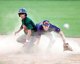 Rondinelli Tuxedo's Adam Shrodek turns to see his teamate, Kyle Vaclav, arrive safely at first despite being forced out at second by Ohio Hurricane's Rob Purdy during the sixth inning at Cene Field on Monday evening.