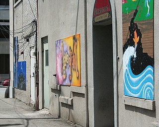 Murals hang on the backs of businesses at David Grohl Alley in Warren.