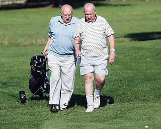 HELPFUL HAND: Joe Shiller, left, leads Irv Fine, who is blind, down a fairway at the Par 3 Golf Course at the Wick Recreation Area of Mill Creek Park. Fine, 87, and a group of other veterans who are visually impaired play a round of golf at the course every Friday.