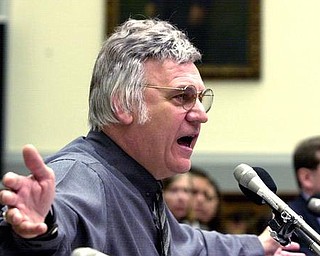 Rep. James Traficant, D-Ohio, testifies on Capitol Hill in Washington, Monday, July 15, 2002 before the House Ethics Committee. Traficant on Monday told a House ethics panel considering whether he should be expelled from the House that the Justice Department has targeted him for years and forced a jury to convict him of fraud, bribery and tax evasion.