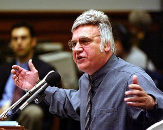 Rep. James Traficant, D-Ohio, testifies on Capitol Hill in Washington, Monday, July 15, 2002 before the House Ethics Committee. Traficant on Monday told a House ethics panel considering whether he should be expelled from the House that the Justice Department has targeted him for years and forced a jury to convict him of fraud, bribery and tax evasion.