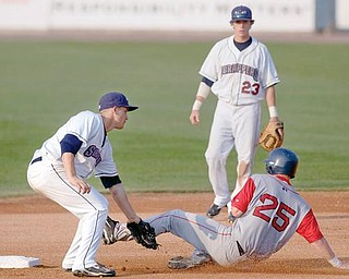 8.16.2009
Mahoning Valley Scrapper, Kyle Bellows, tags Lowell Spinners' Ryan Westmoreland, as he slides into second base during the top of the seventh inning at Eastwood Field on Sunday afternoon. Unfortunately, Westmoreland was called safe resulting in words of condemnation from the crowd.
Geoffrey Hauschild