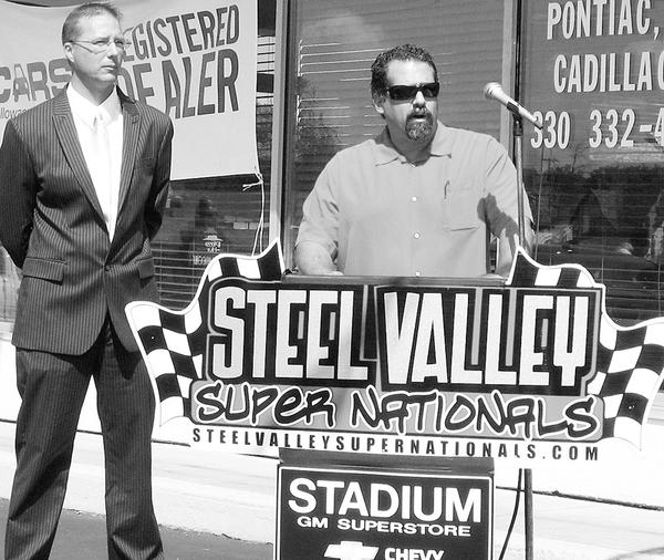 UNHAPPY: Corey Ward, left, and his business partner, Brian Caiazza, express their displeasure about the nonrenewal of their popular Steel Valley Super Nationals at Quaker City Raceway, north of Salem. The pair learned through an announcement over the weekend that their contract was not being renewed.