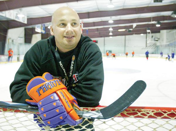 Phantoms coach Bob Mainhardt during a recent practice at the Ice Zone in Boardman.