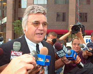 **FILE** This July 30, 2002 file photo shows former Rep. James Traficant Jr. in Cleveland, Ohio. Traficant has told freinds he wants to keep a low profile following his Sept. 2 release from prison, but organizers say they've sold about 1,000 tickets to a homecoming dinner for the ex-Ohio congressman. (AP Photo/Mark Duncan, File)