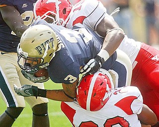 The Vindicator/Robert K. Yosay -all tied up #3 Pitt Aaron Smith is brought down at the line by #23 Nick Gooden and #15 Taylor Hill ---at Heinz Field in Pittsburgh--952009