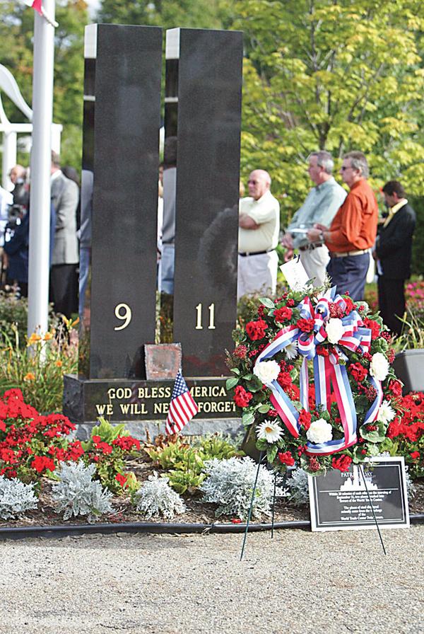 TWIN TOWERS: Two marble pillars stand as a memorial of the Twin Towers in New York City, which were destroyed when terrorists hijacked airplanes and crashed them into the structures. A piece of steel from one of the towers sits at the base.
