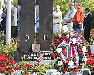 TWIN TOWERS: Two marble pillars stand as a memorial of the Twin Towers in New York City, which were destroyed when terrorists hijacked airplanes and crashed them into the structures. A piece of steel from one of the towers sits at the base.