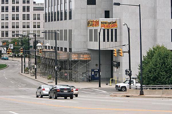 END IN SIGHT: Scaffolding in place for more than a year at the National City Bank building in downtown Youngstown will soon be removed as building owner Park South Development Co. LLC plans a $1 million improvement to its exterior. 
