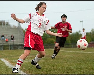 The Vindicator/Geoffrey HauschildMathew's Sarah Courey (2) receives the ball during the second half of a game against Columbiana at Mathews on Thursday evening. The game ended in a tie 1-1.9.24.2009