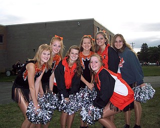 The Springfield Local Danceline gets ready for the game against Lowellville. From left to right: Vanessa Marshall, Katelyn Bryson, Megan Sympson, Melanie Miglets, Melissa Miller, and Laura Peterson, in front: Alyssa Springer.