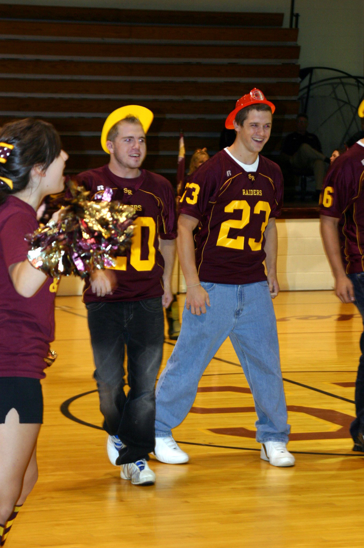 "James Nell and Matt Gaston help to "Fire UP" the students at a recent
South Range Pep Rally."
