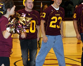 "James Nell and Matt Gaston help to "Fire UP" the students at a recent
South Range Pep Rally."