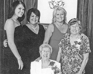 Special to The Vindicator
FIVE GENERATIONS: It was not only the 100th birthday of Clara Leone, seated, but also the 17th birthday of her great-great granddaughter, Lauren Newton, at left, that was celebrated during a party on Sept. 27. Joining the honorees for a five-generation picture are, from left, Deena Newton (Lauren’s mother); Mary Brincko (Deena’s mother); and Josephine Nave (Mary’s mother, and Mrs. Leone’s eldest child). 