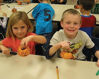Landry Naples and Nicholas Brown were among the kindergarten students in Katie Gallagher's class at Ellsworth Elementary School who decorated pumpkins, courtesy of the Green Team.
