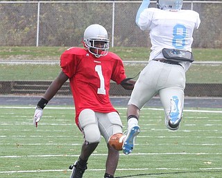 FOOTBALL - (8) Lilton Morris of East blocks the punt of Anthony Cornwell during their game Saturday afternoon. - Special to The Vindicator/Nick Mays