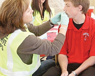 H1N1 CLINIC: Matt Humeniuk gets the H1N1 vaccine from Julie Raforth, a registered nurse, in its nasal spray form at a flu clinic in Canfield High School on Friday.