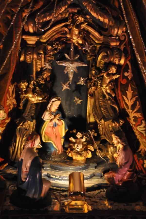 The Arms Family Museum's Library, decorated for Christmas. This nativity set is Italian papier mache.