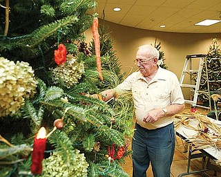 NATURAL TREE: Bill Slabe places natural ornaments on a tree for the Men’s Garden Club of Youngstown. Only home-grown items were used as decorations for the tree, which was one of 40 to be displayed at the visitor center at Fellows Riverside Gardens in Mill Creek Park.