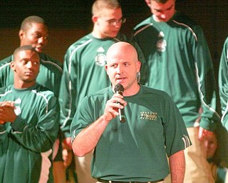 William D. Lewis/The Vindicator Ursuline coach Dan Reardon speaks at Ursuline HS pep rally Thursday.