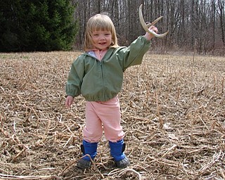 Jayli Wilt, 21⁄2, of Canfield, found a deer shed at Aunt Karen and Uncle Jeff’s backyard in March this year.