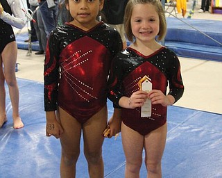 Kate Coppola, 6, of Lowellville; and Angelina Rotunno, 5, of Poland, both gymnsatics students at Kathi's Dance in Poland, pose after winning second and third place in Level 3-Age 6 and Under at the Northeast Ohio Gymnsatics League Competition at Great Lakes Gymnsatics in Avon Lake on Nov. 15.