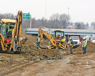 WORK ZONE: Crews from Dominion East Ohio are replacing a 16-inch high-pressure steel gas main that ruptured under Midlothian Boulevard, causing an explosion. It left an 8-foot-deep and 16-foot-wide crater in the eastbound curb lane of Midlothian at the Interstate 680 interchange.