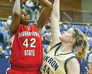 YSU's Brandi Brown looks to shoot around Akron's Kyle Baumgartner during Saturday action in Akron.